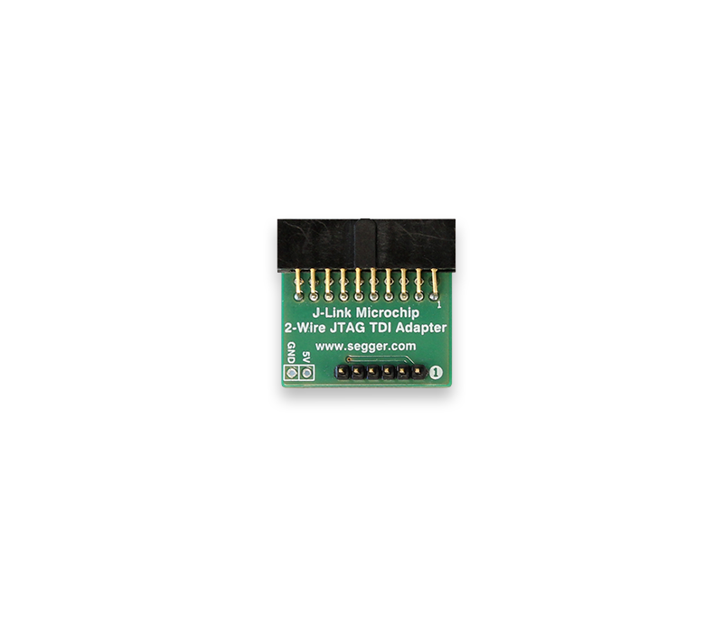 Microchip 2-Wire JTAG TDI Adapter Image of a small green circuit board featuring connectors and labels. It is identified as a "J-Link Microchip 2-Wire JTAG TDI Adapter." The board includes a series of gold pins, with numbers indicating connection points. A website link is printed on the surface.