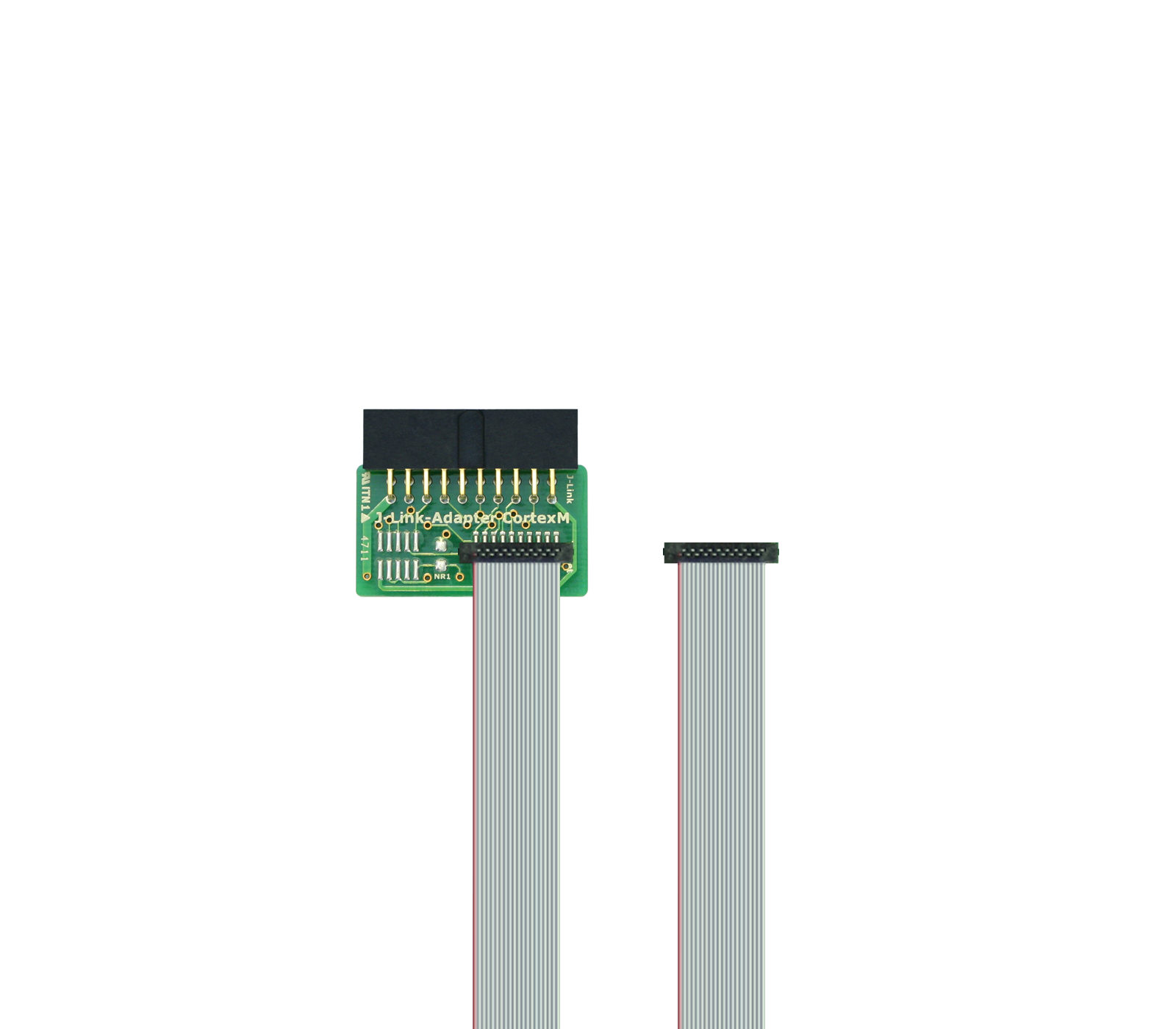19-Pin Cortex-M Adapter A printed circuit board connector is shown on the left, featuring multiple metal pins. Attached to the connector is a flat ribbon cable, which leads to a smaller connector on the right. The background is plain white.