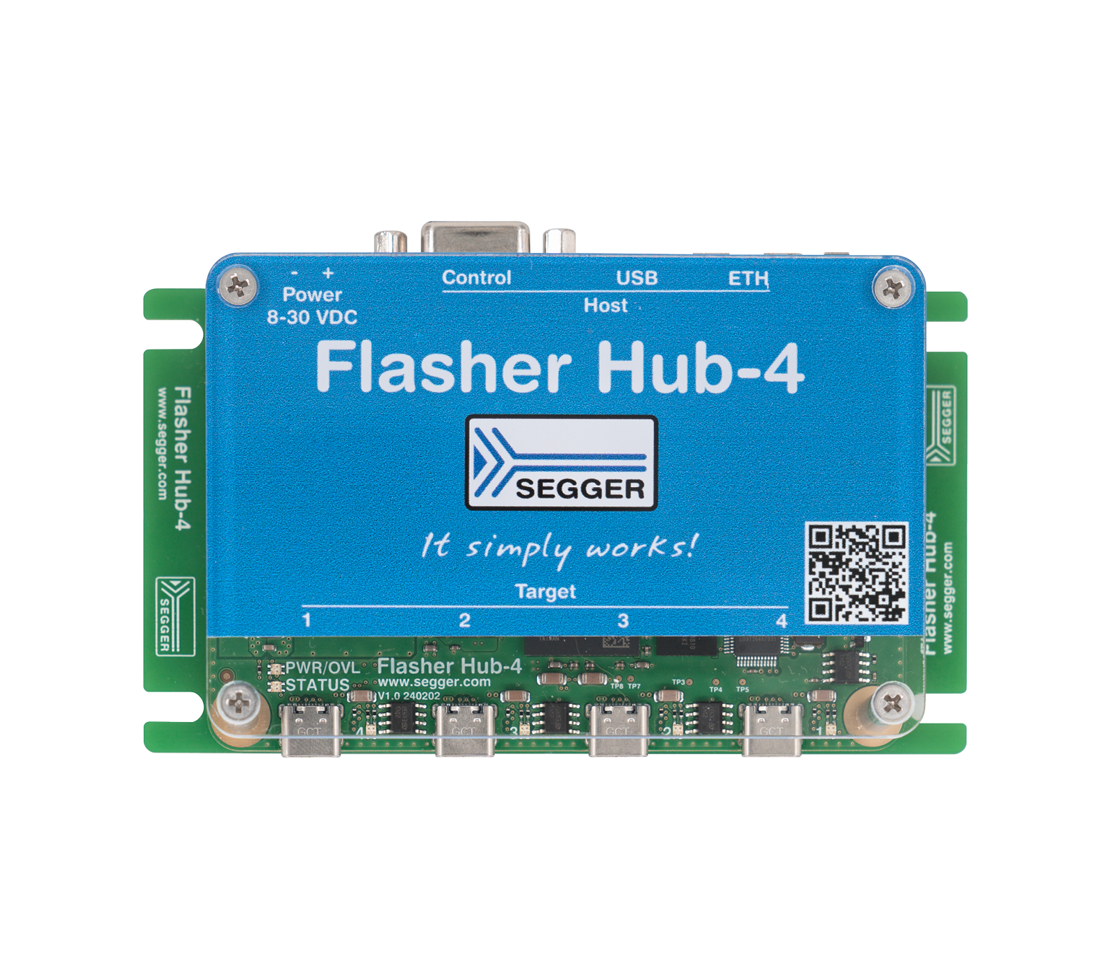 Flasher Hub-4 Image of a device labeled "Flasher Hub-4" by SEGGER. The device has a blue top with text stating "It simply works!" and several connection ports at the bottom. It is used for programming and debugging in electronic projects.
