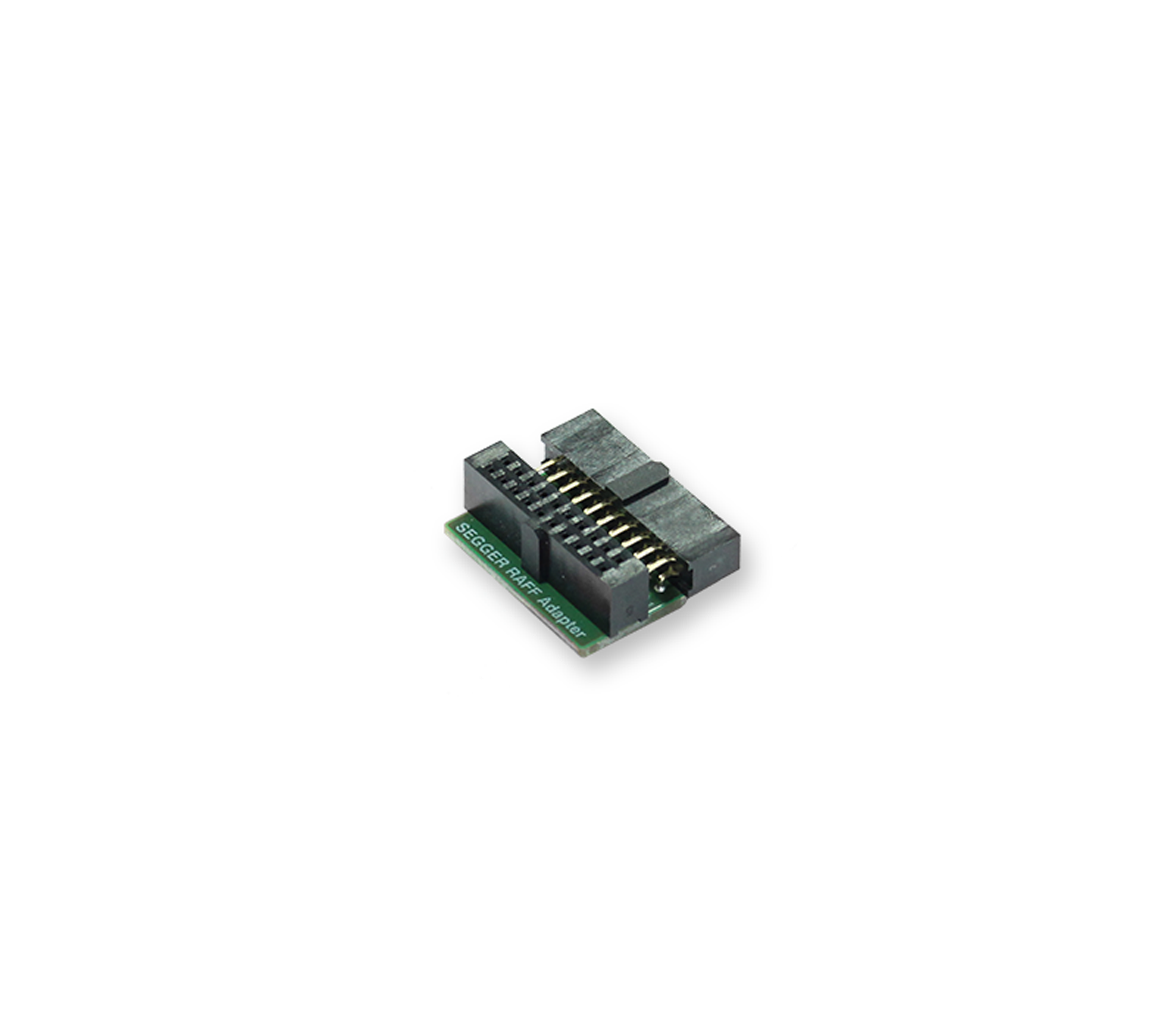 Right Angle (RAFF) Adapter Image shows a small electronic adapter board with multiple pin connections on one side labeled "SEGGER J-Link Adapter." The board is primarily dark with green edges, designed for interfacing with other electronic components.