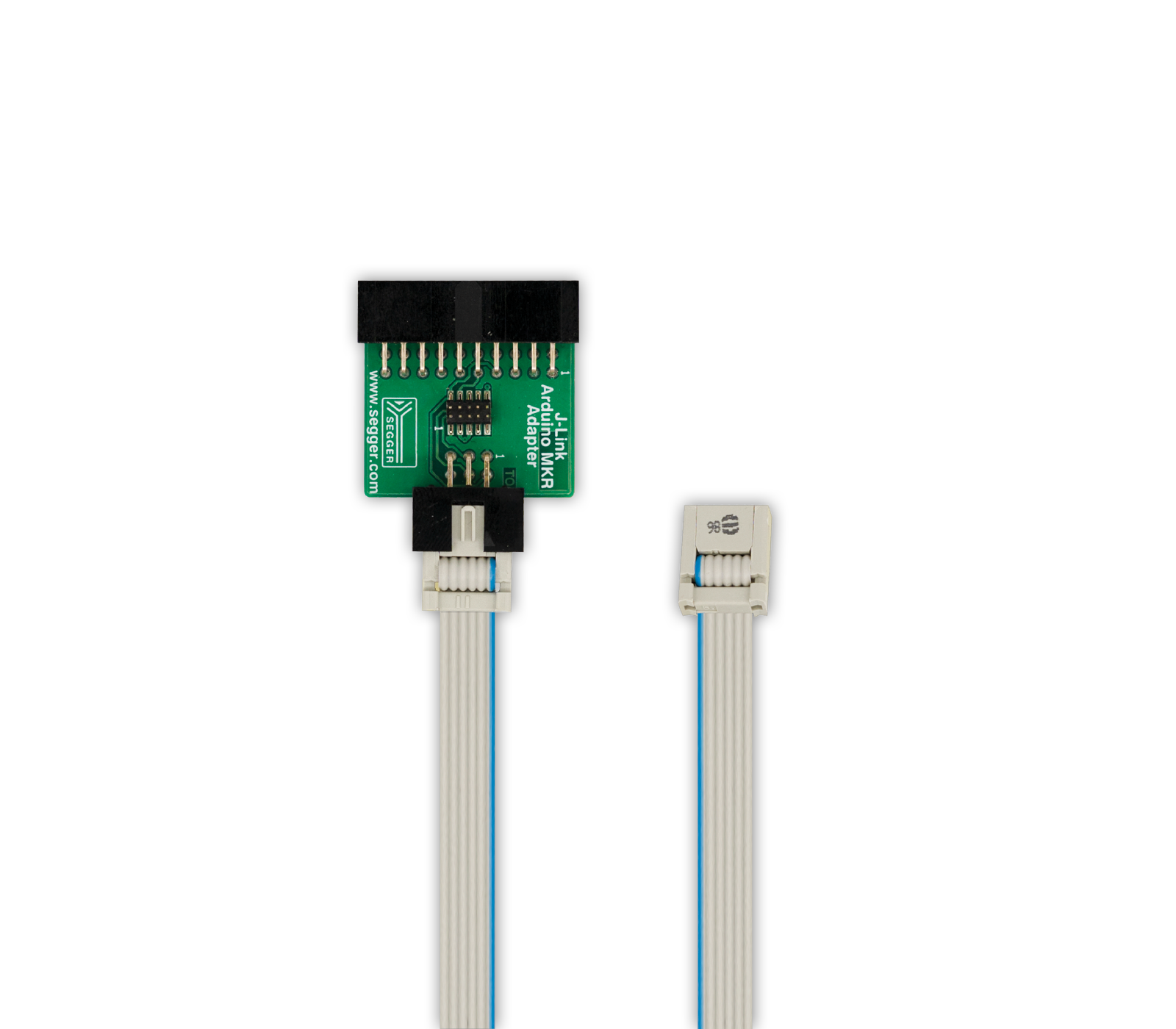 An electronic circuit adapter is displayed, featuring a green printed circuit board (PCB) with multiple pins. A white cable with colored wires connects to the adapter, indicating functionality for programming or debugging with a device. The overall layout suggests a compact and specialized component for technical use.