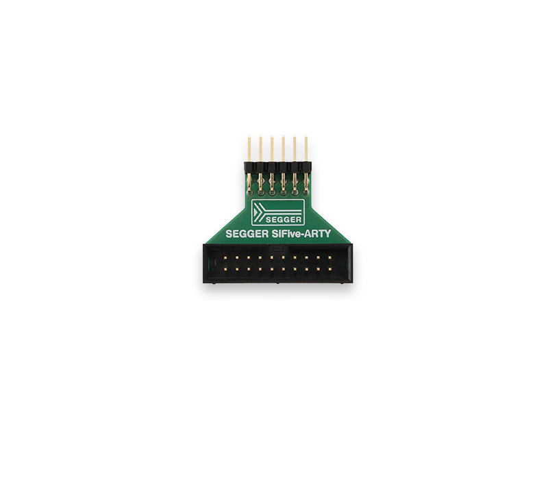 SiFive-ARTY Adapter Image features a SEGGER SIFive-ARTY programming adapter. The adapter has a green circuit board with multiple gold pins at the top and a black connector at the bottom, designed for interfacing with development boards. It is shown from a frontal view against a plain background.