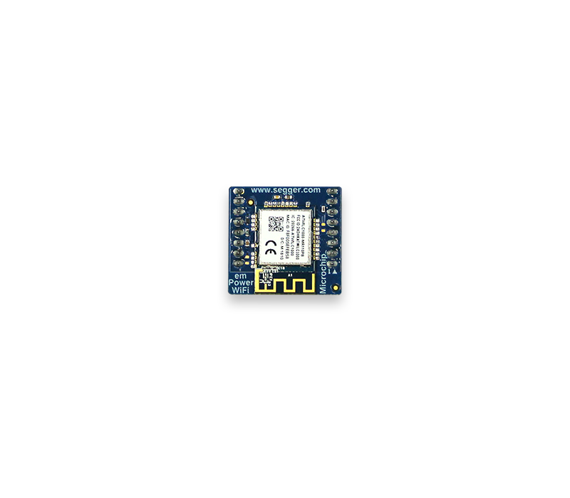A small blue electronic circuit board is displayed. It features a central white component with text, various connection pins around its edges, and labels for "Power" and "WiFi" on one side, indicating its functionality related to wireless connectivity.