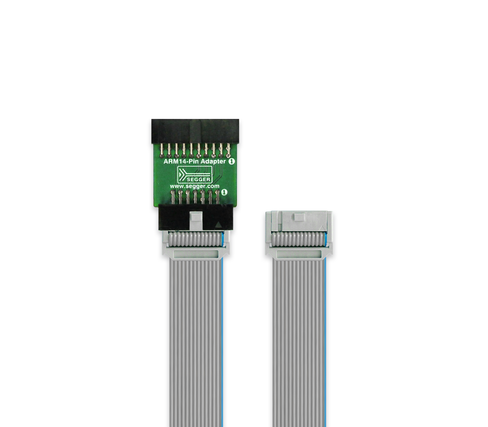 ARM-14 Adapter Image of an ARM14-pin adapter, featuring a green top section with pins and the brand logo. It connects to a flat ribbon cable on one side, transitioning to a connector on the other side. The adapter is used for electronic and programming applications.