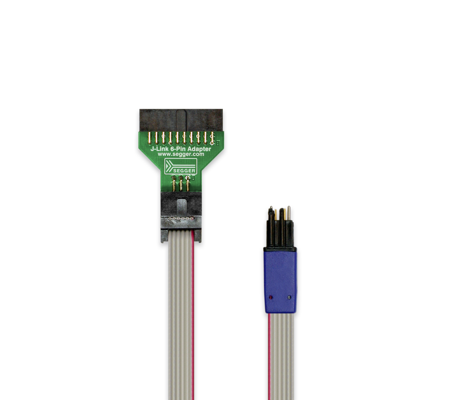 6-pin Needle Adapter The image features a J-Link 6-pin adapter with a green circuit board on one end and a blue connector on the other. The adapter has multiple metal pins for connection, with two colored wires attached, showcasing its purpose for interfacing in electronic projects.