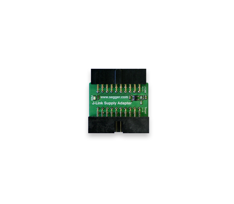 Supply Adapter Image of a J-Link Supply Adapter, featuring a green circuit board with multiple solder points and connectors. The adapter is designed for interfacing with J-Link devices, essential for programming and debugging embedded systems.