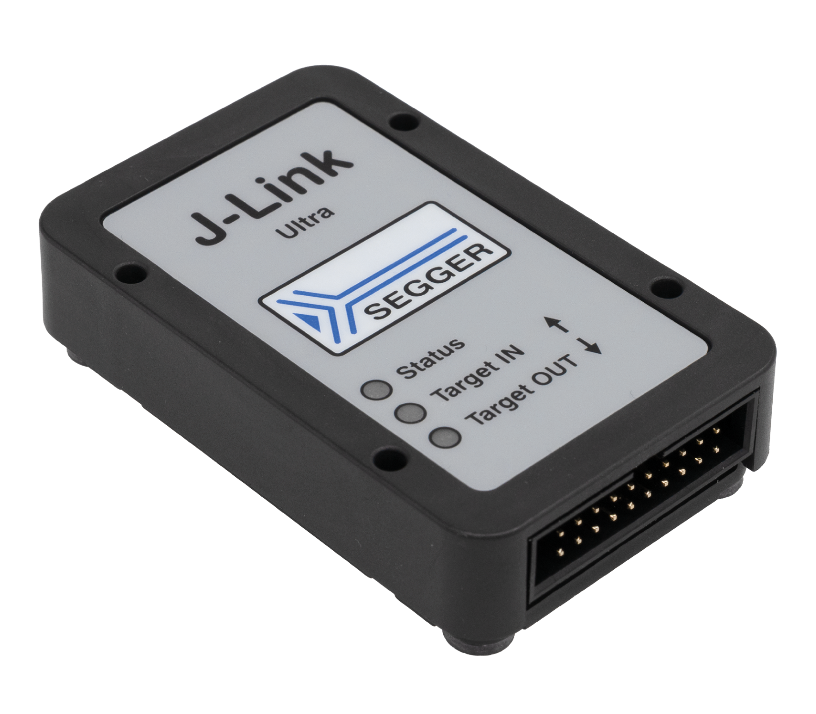 Image description: A J-Link Ultra debugging tool from SEGGER, featuring a rectangular black plastic casing with a gray label. It has three indicator lights labeled "Status," "Target IN," and "Target OUT," along with a connector port with multiple pins.