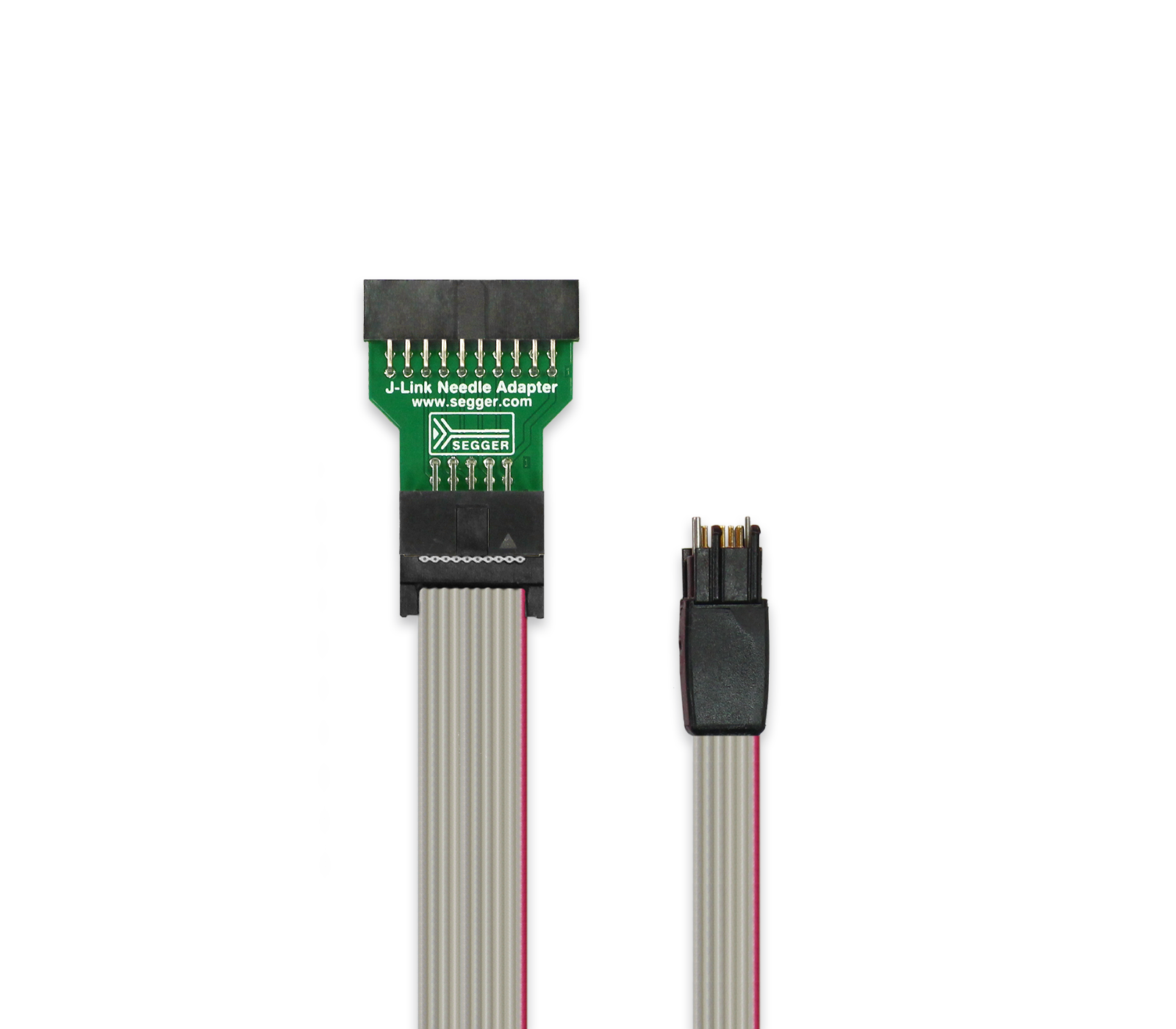 10-pin Needle Adapter A J-Link Needle Adapter is displayed, featuring a green circuit board with multiple pin connections on one end and a smaller connector with four pins on the other end. The adapter is connected by a flat ribbon cable, indicating a compact and specialized device for programming or debugging electronic circuits.