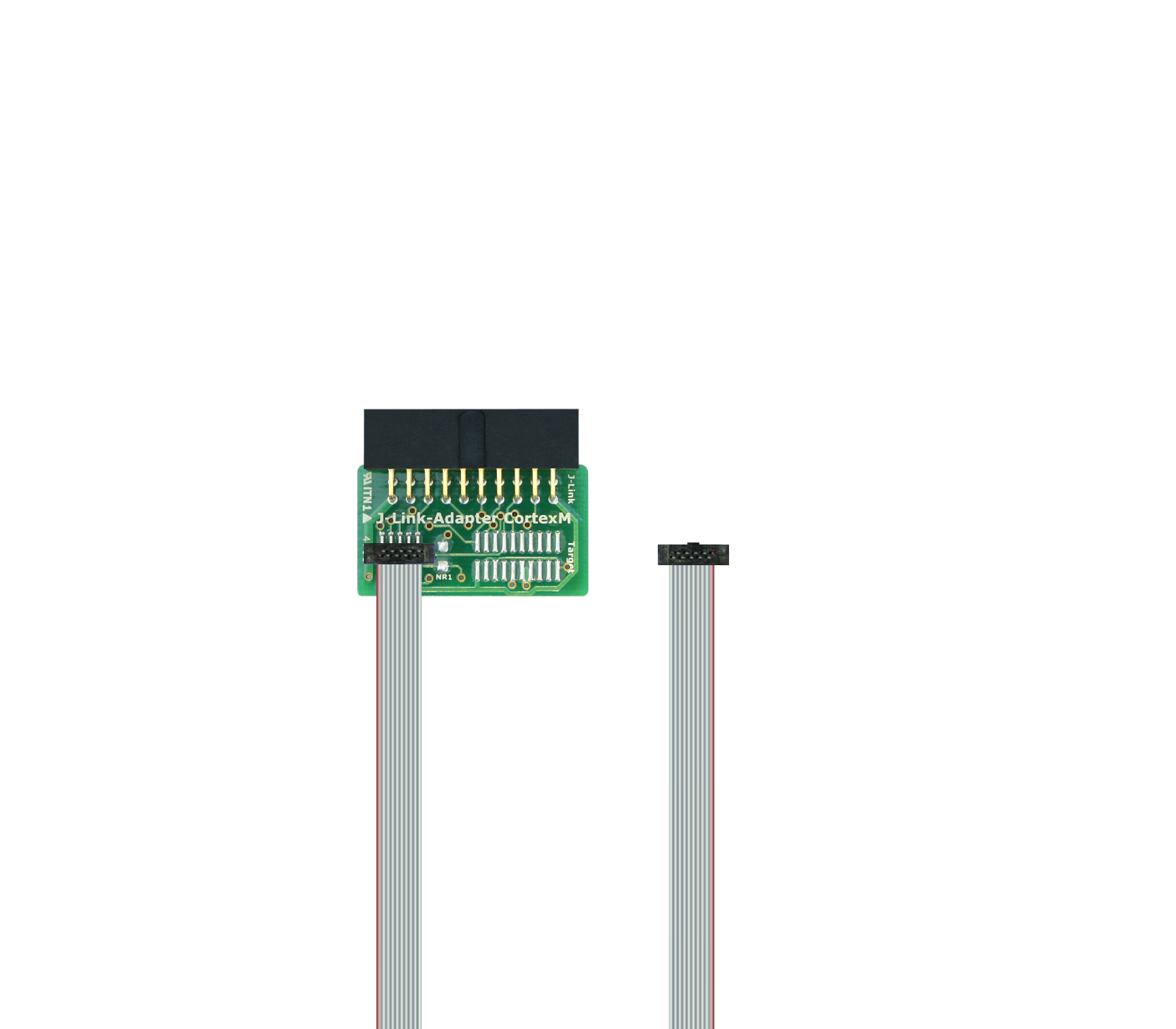 9-Pin Cortex-M Adapter Image shows a circuit board adapter with several rows of metal pins on one side, connected by a wire to a smaller connector. The adapter is designed for interfacing with electronic components.